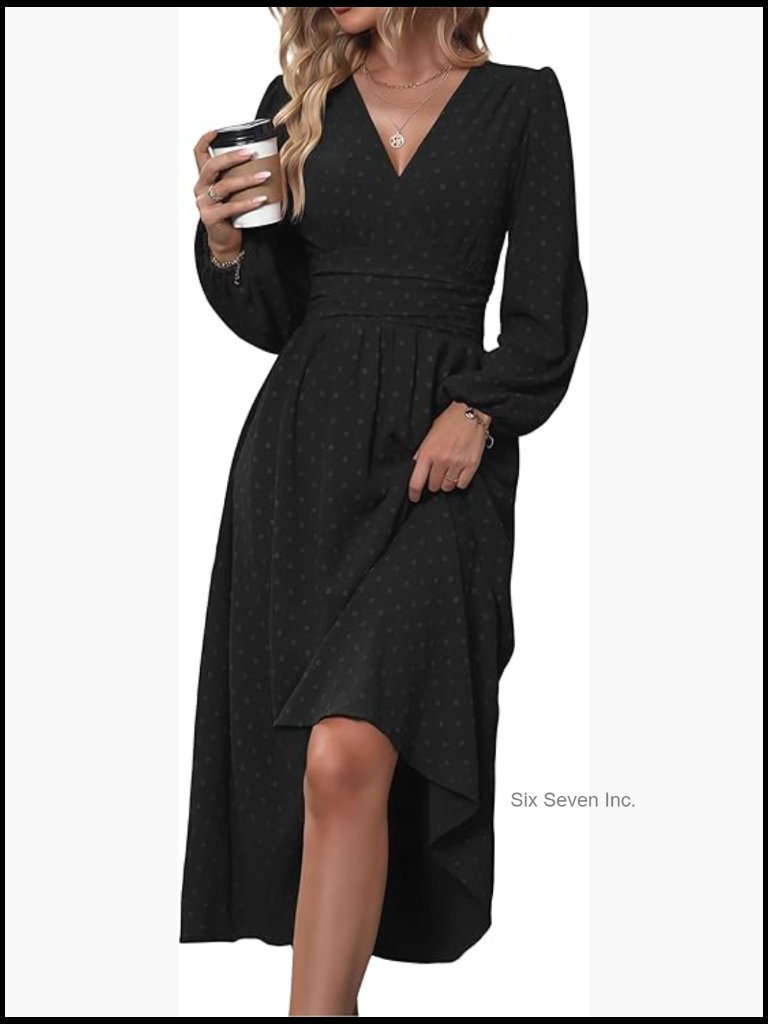 Swiss Dot V-Neck Maxi Dress Puff Long Lantern Sleeve A-Line Flowy